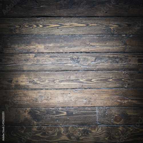 Old, shabby and vitage floor. Wooden brown planks textur.