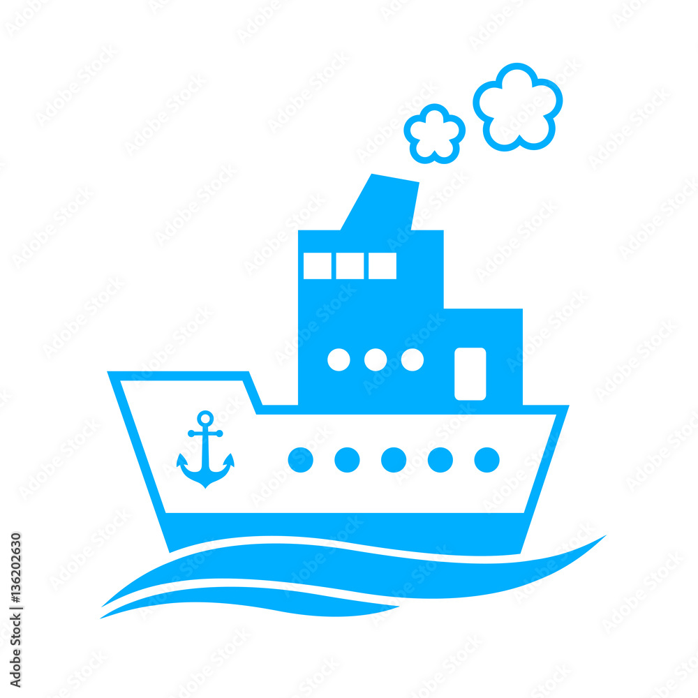 Blue ship vector icon on white background, isolated object