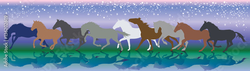 Vector background with horses running gallop in the night