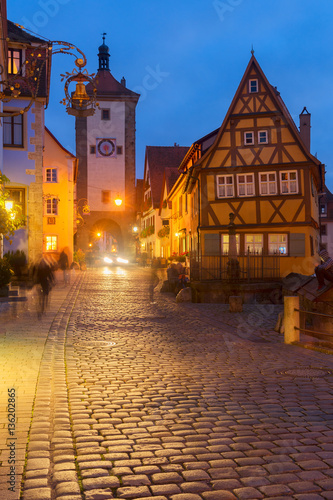 illuminated at night Plonlein Small Square in Rothenburg ob der Tauber, Germany