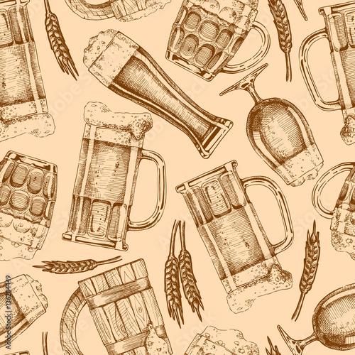 seamless pattern with different beer glasses and mugs