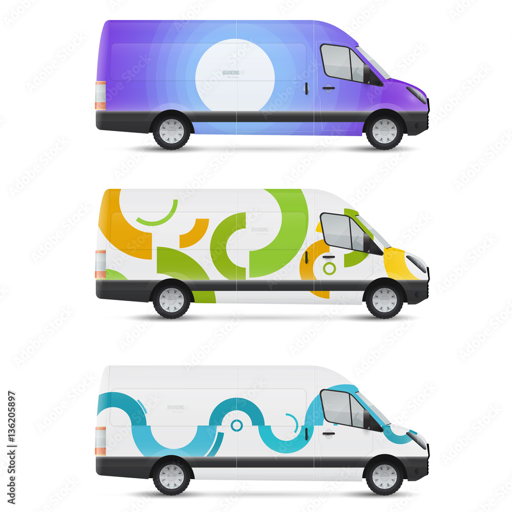 Naklejka premium Mockup white bus. Set of design templates for transport. Branding for advertising, business and corporate identity.