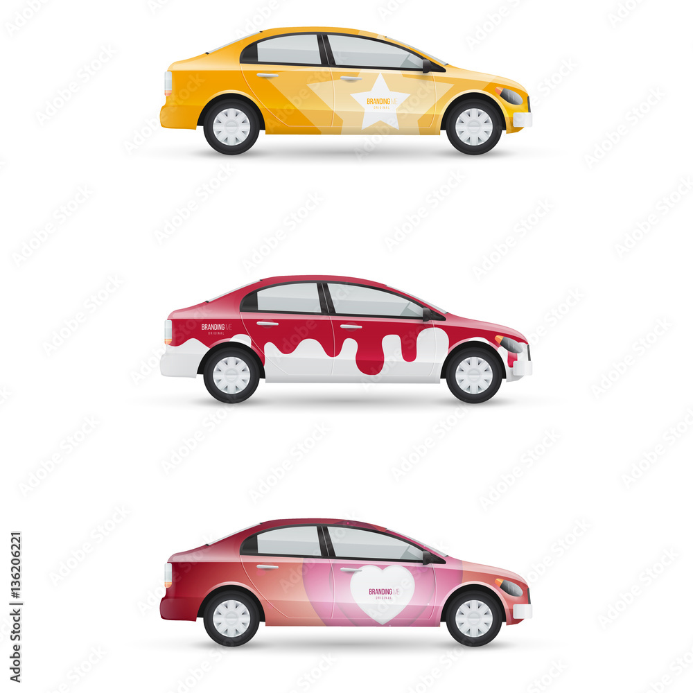 Set of design templates for transport. Mockup of white passenger car. Branding for advertising, business and corporate identity.