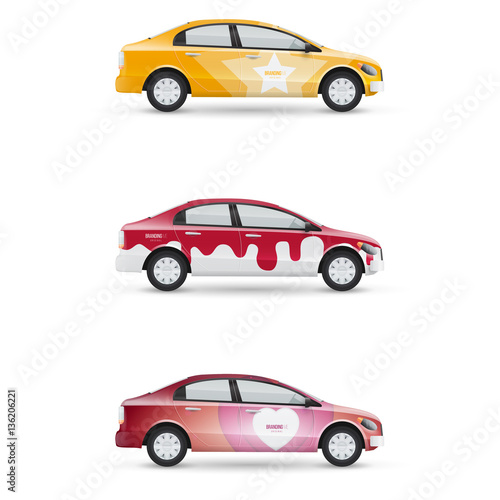 Set of design templates for transport. Mockup of white passenger car. Branding for advertising  business and corporate identity.