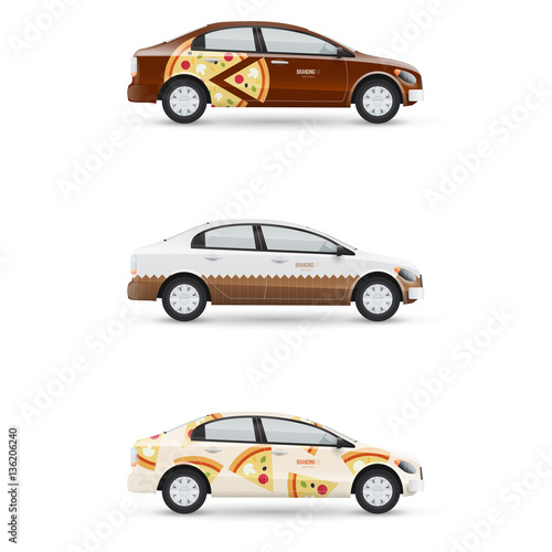 Set of design templates for transport. Mockup of white passenger car. Branding for advertising, business and corporate identity. © cgterminal