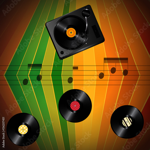 Music pentagram with turnable and vinyls vintage background