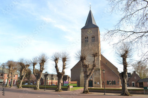 dorpskerk van Zelhem in de gemeente bronckhorst omzoomd door geknotte bomen photo