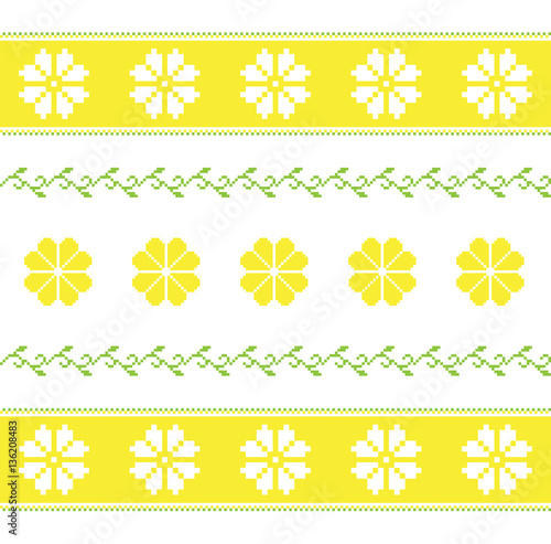 Pattern with white and yellow flowers in fair isle style. Seamless texture, decorative ornament.