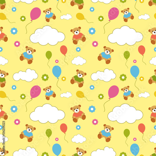 Seamless vector pattern with Teddy bears, clouds, flowers, balloon on yellow background. Wallpaper, textile, pattern fills, web page background, surface textures.