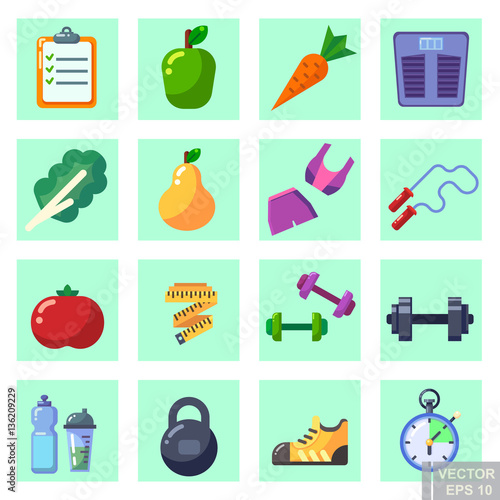 Healthy lifestyle. Vector flat icon set illustration sport running exercise gymnastic proper nutrition healthy food fruits vegetables vitamins cereals schedule.