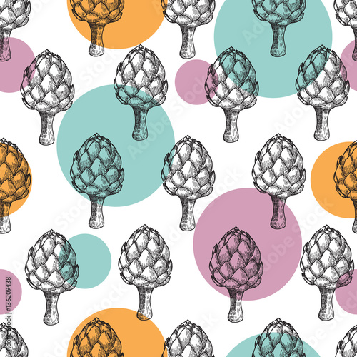 Artichoke Seamless nature seamless vector pattern, hand drawn sketch etch engraving vector illustration.Vegetables vintage artichoke pattern.