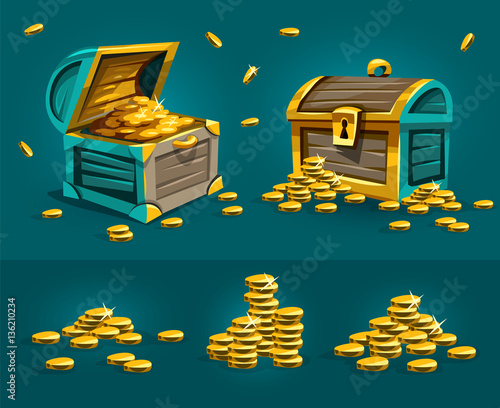 Piratic trunks chests with gold coins treasures