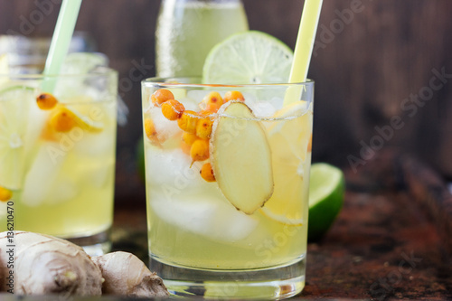 Cold lemonade with ginger, lime and sea buckthorn