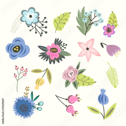 Vector big amazing set of lovely flowers in pastel colors.