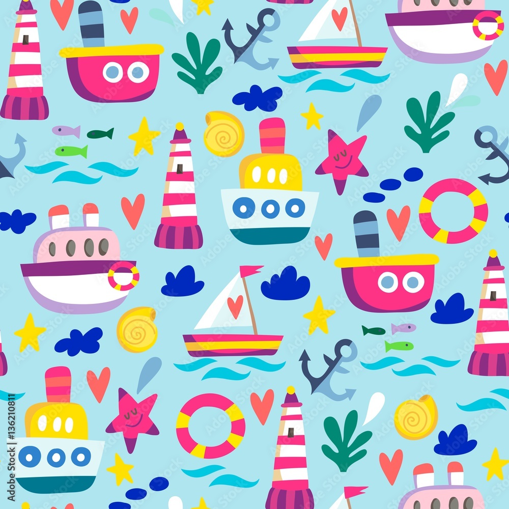 Vector seamless pattern of boats and ships in lovely cartoonish style.