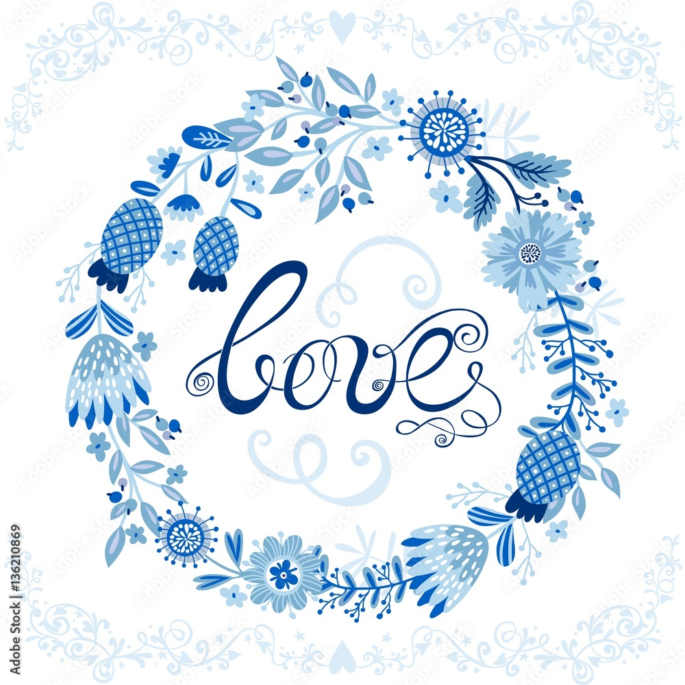Vector stylish floral wreath with hand drawn lettering