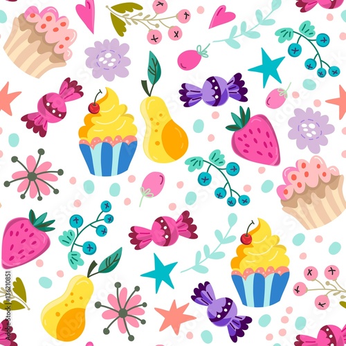Vector seamless pattern of sweets: cupcakes, berries and candies.