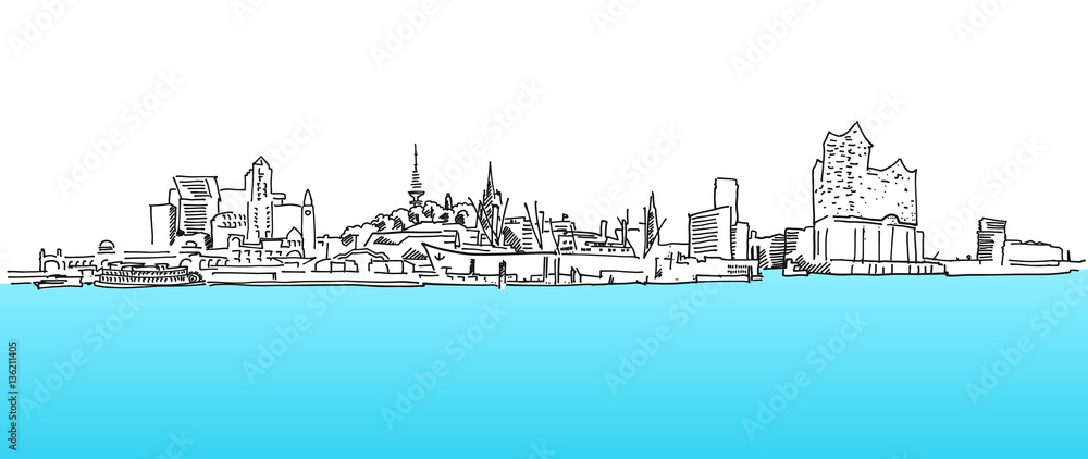 Hamburg Panorama Vektor Skizze, Blaues Wasser