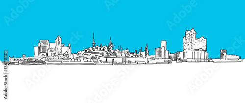 Hamburg Panorama Vektor Skizze, Blauer Himmel