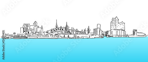 Hamburg Panorama Vektor Skizze, Blaues Wasser