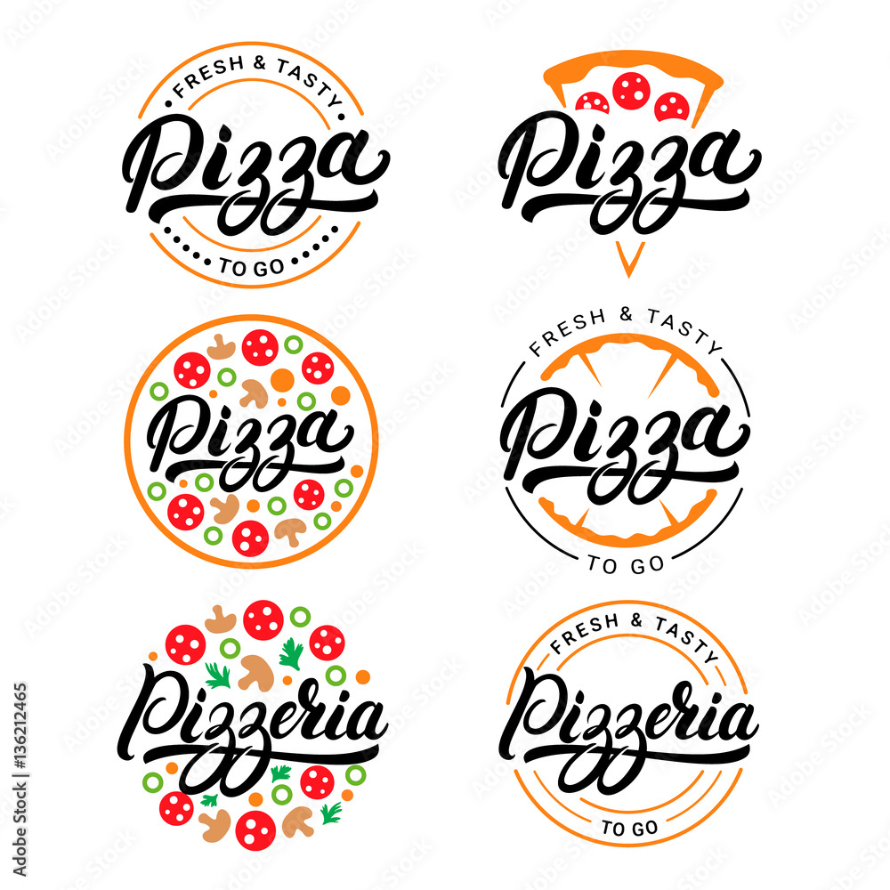 Obraz premium Set of pizza and pizzeria hand written lettering logo, label, badge.
