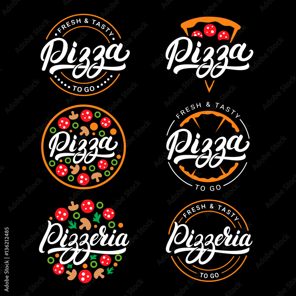Set of pizza and pizzeria hand written lettering logo, label, badge.