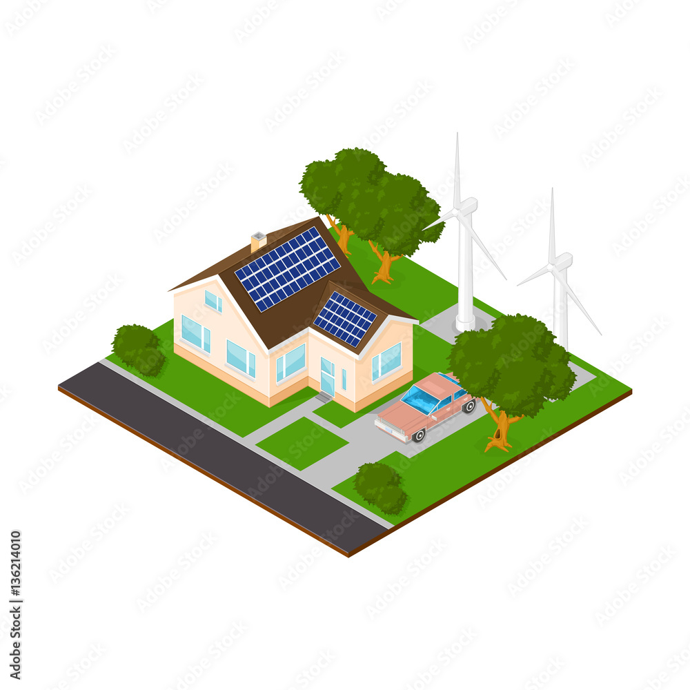Isometric Modern Eco House with renewable energy.
Vector illustration of a modern home with solar panels and wind turbines for sustainable power and environmental conservation. Isometric Modern Eco House with renewable energy.
Vector illustration of a modern home with solar panels and wind turbines for sustainable power and environmental conservation.