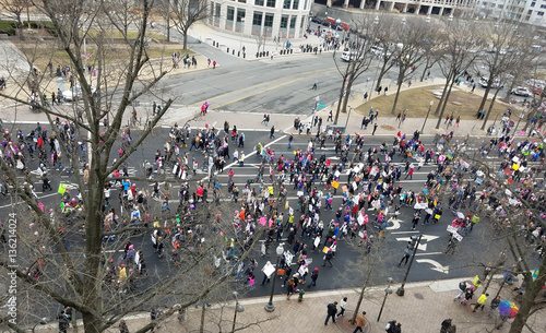 WASHINGTON DC - JANUARY 21, 2017: High angle view of thousands of protesters participating in the Women's March on Washington DC, on the Constitution Avenue that leads to the Capitol Building.