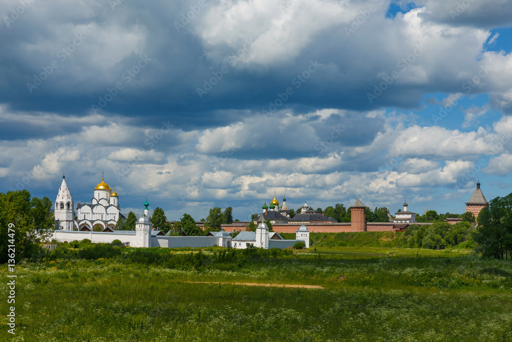 Beautiful summer landscape with two ancient Suzdal monasteries. Suzdal - one of the cities tourist route called Golden Ring of Russia Beautiful summer landscape with two ancient Suzdal monasteries. Suzdal - one of the cities tourist route called Golden Ring of Russia