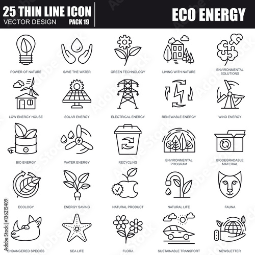 Thin line environment, renewable energy icons