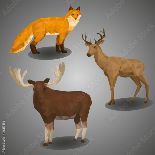 Low poly forest animal compilation. Vector illustration set in polygonal style. Fox, deer and elk on gray background.