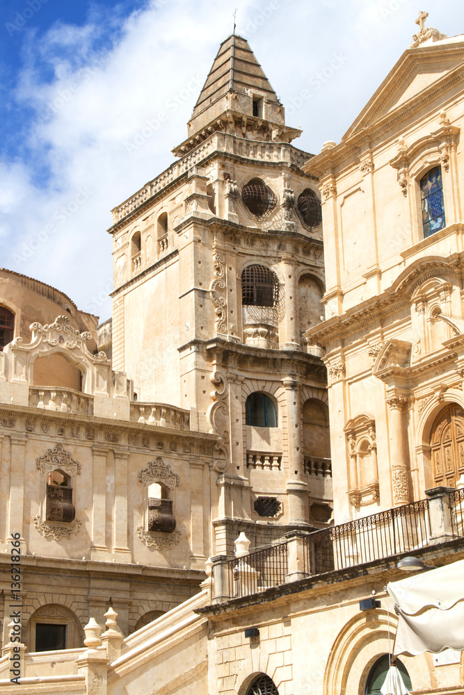 View of the church of Saint Francis and the monastery of SS Salvatore in the town of Noto, Sicily, Italy