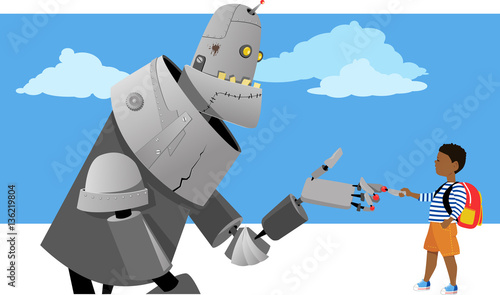 Little boy shaking hands with a giant robot, EPS 8 vector illustration
