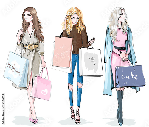 Set of beautiful young girls with shopping bags. Fashion women. Shopping day concept. Stylish sketch. Vector illustration.