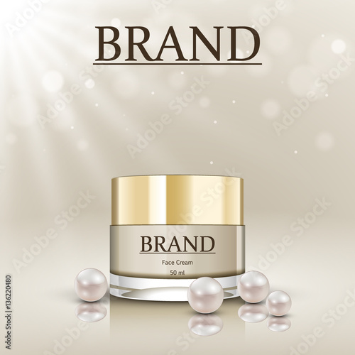Face cream jar with pearls on abstract background, realistic design, vector illustration, package template