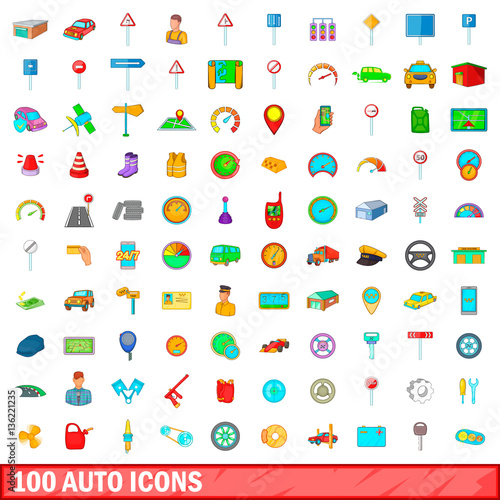 100 auto icons set, cartoon style