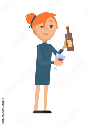 Girl with Glass of Wine Bottle Isolated on White