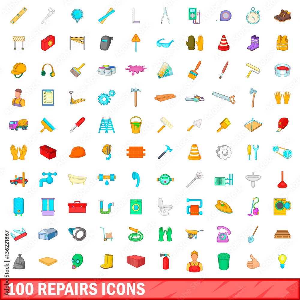 100 repairs icons set, cartoon style 100 repairs icons set, cartoon style