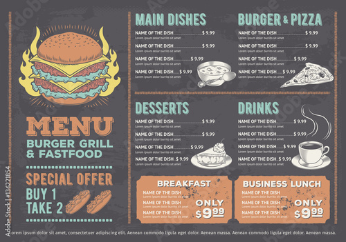 Vector illustration of a design fast food restaurant menu, a cafe with a hand-drawn graphics.