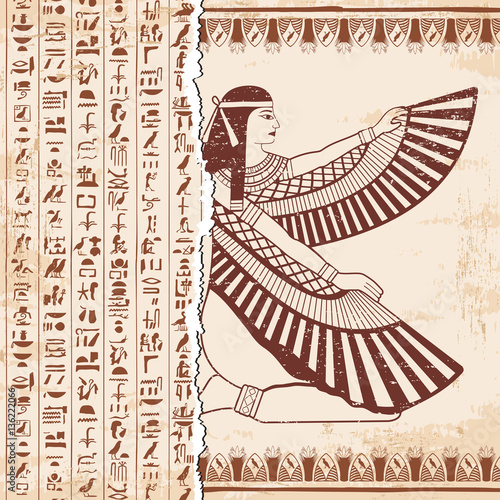 Vector illustration of Egyptian national drawing. Goddess Isis and hieroglyphs. Brown drawing on a beige background with the effect of aging.