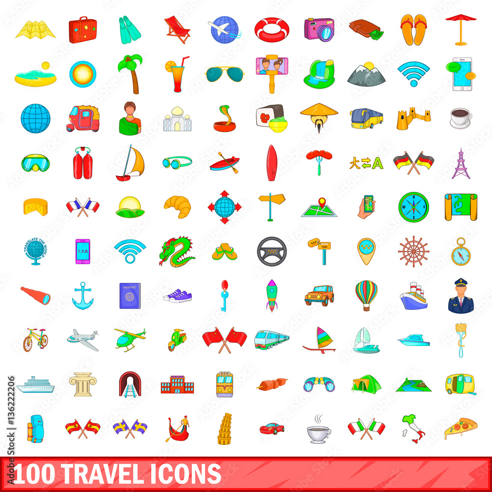 100 travel icons set, cartoon style 100 travel icons set, cartoon style