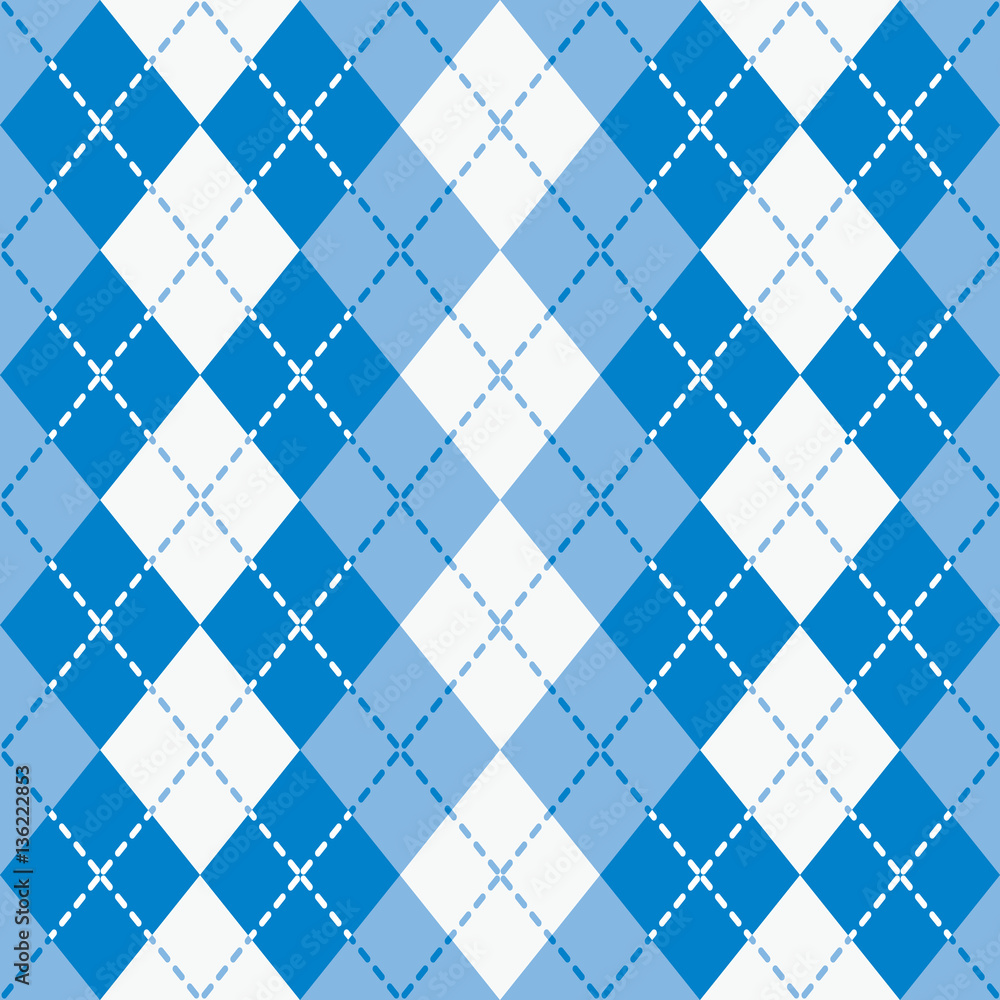 Fototapeta premium Dashed Argyle seamless pattern in blue and white.