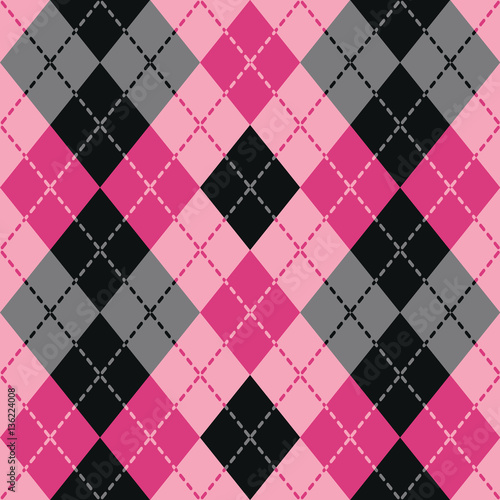 Dashed Argyle pattern in pink and black repeats seamlessly.