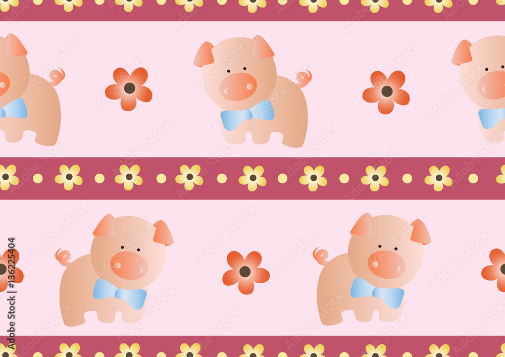 seamless pattern with toy baby pig and green leaves on a light pink background seamless pattern with toy baby pig and green leaves on a light pink background