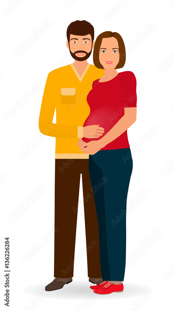 Fototapeta premium Happy pregnancy family. Couple of man and pregnant woman standing together isolated on a white background.