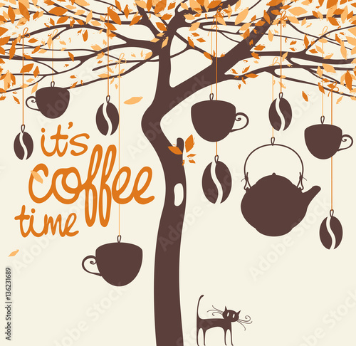 banner for the coffee house with a tree, beans, cups and teapot