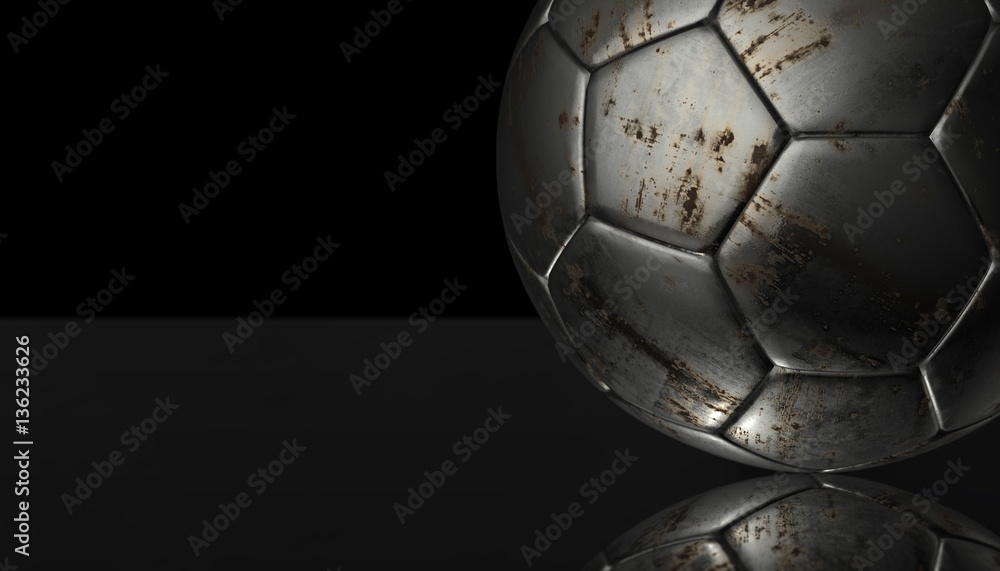 Gold soccer ball on reflection with black background, 3d rendering
