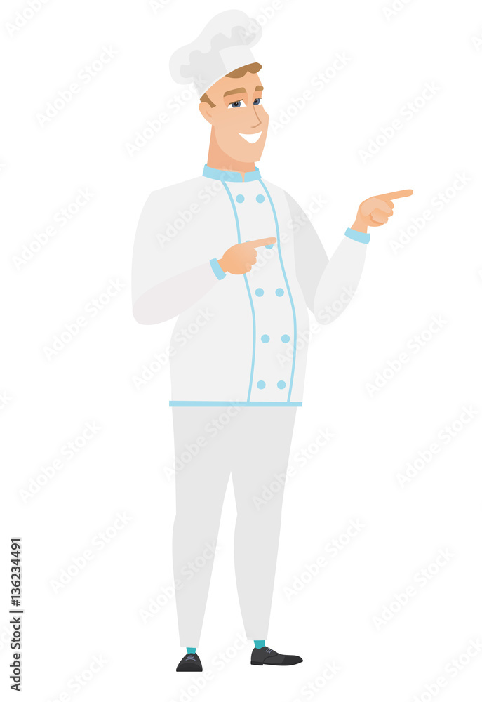Young caucasian chef cook pointing to the side. Young caucasian chef cook pointing to the side.