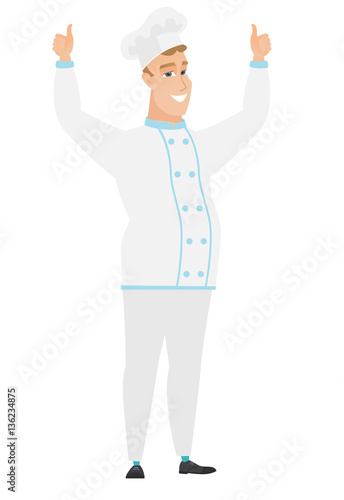 Chef cook standing with raised arms up.
