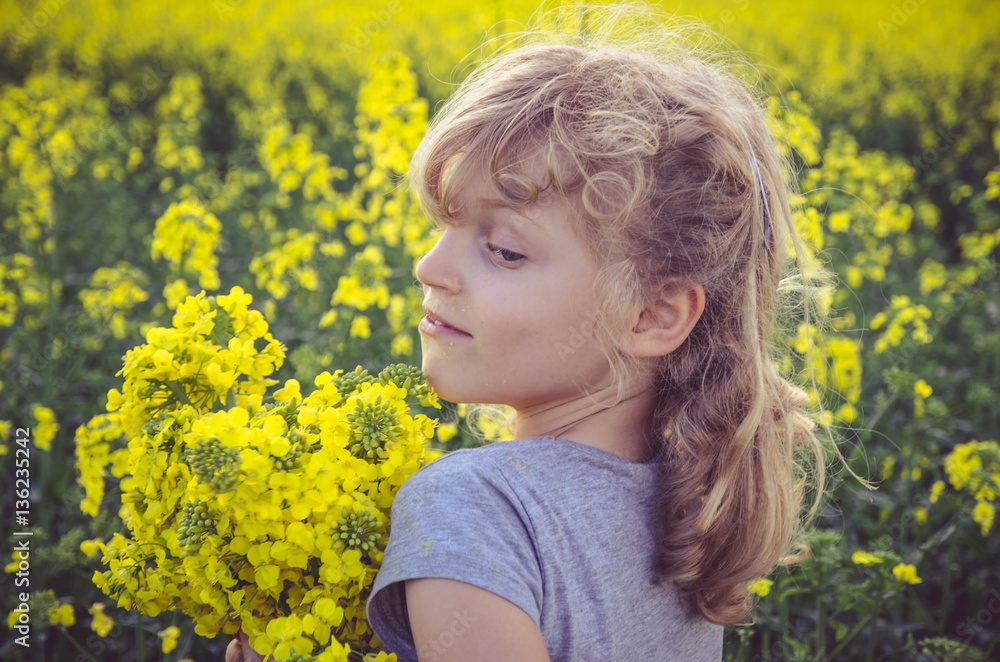 Fototapeta premium little child in yellow rapeseed field